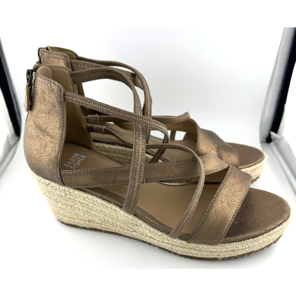 Eileen Fisher Wanda espadrille strappy Bronze Gold Leather wedges size 9 NWOB - Picture 3 of 6